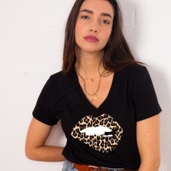 T-shirt Col V Bouche Léopard Big