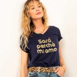T-shirt Col V Navy Sara Perché Mi Amo typo
