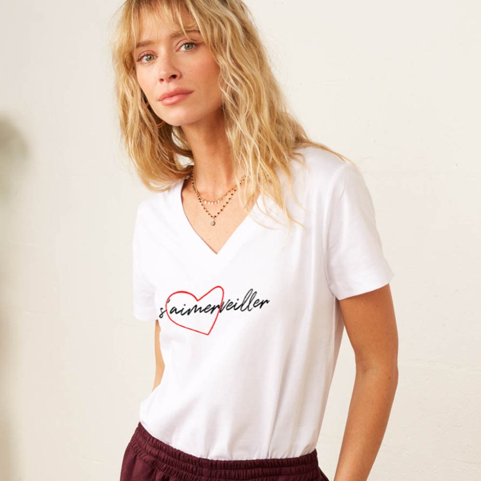 T-shirt Col V Blanc S'aimerveiller