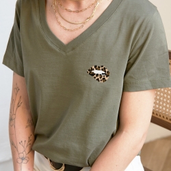 T-shirt Col V Bouche Léopard