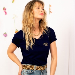 T-shirt Col V Bouche Léopard