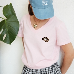 T-shirt Col V Bouche Léopard