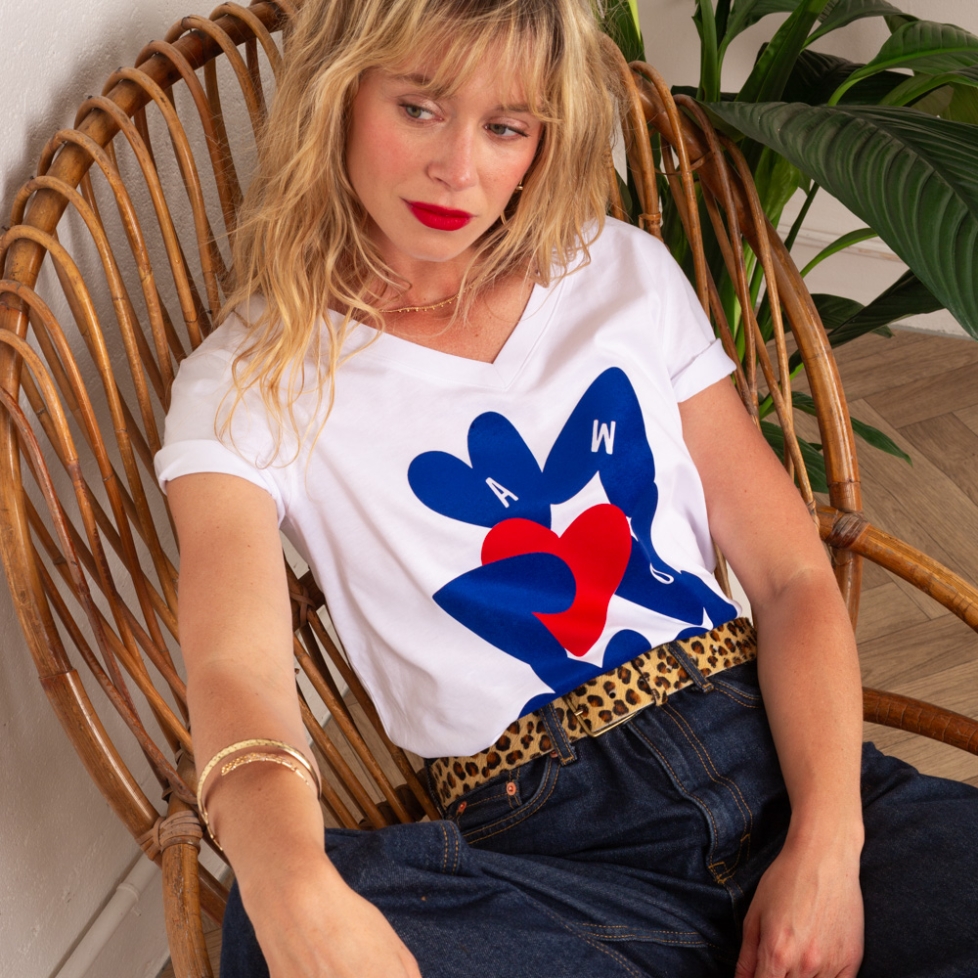T-shirt Col V Blanc Vague d'Amour