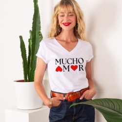 T-shirt Col V Blanc Mucho Amor
