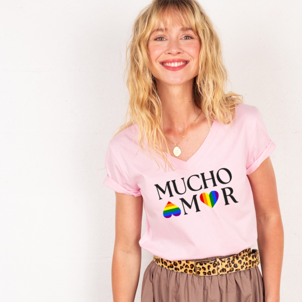 T-shirt Col V Rose Mucho Amor