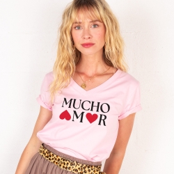 T-shirt Col V Rose Mucho Amor