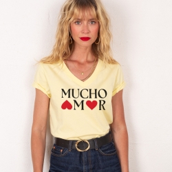 T-shirt Col V Jaune Mucho Amor