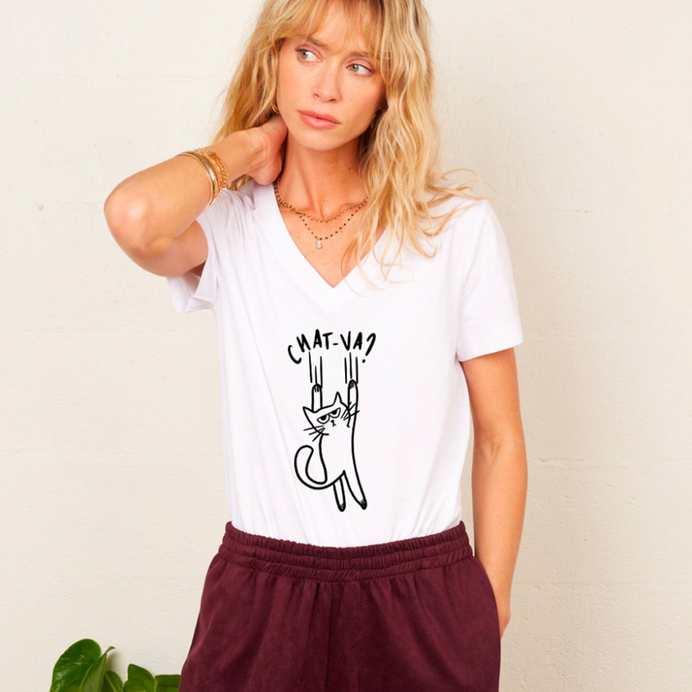 T-shirt Col V Blanc Chat-va
