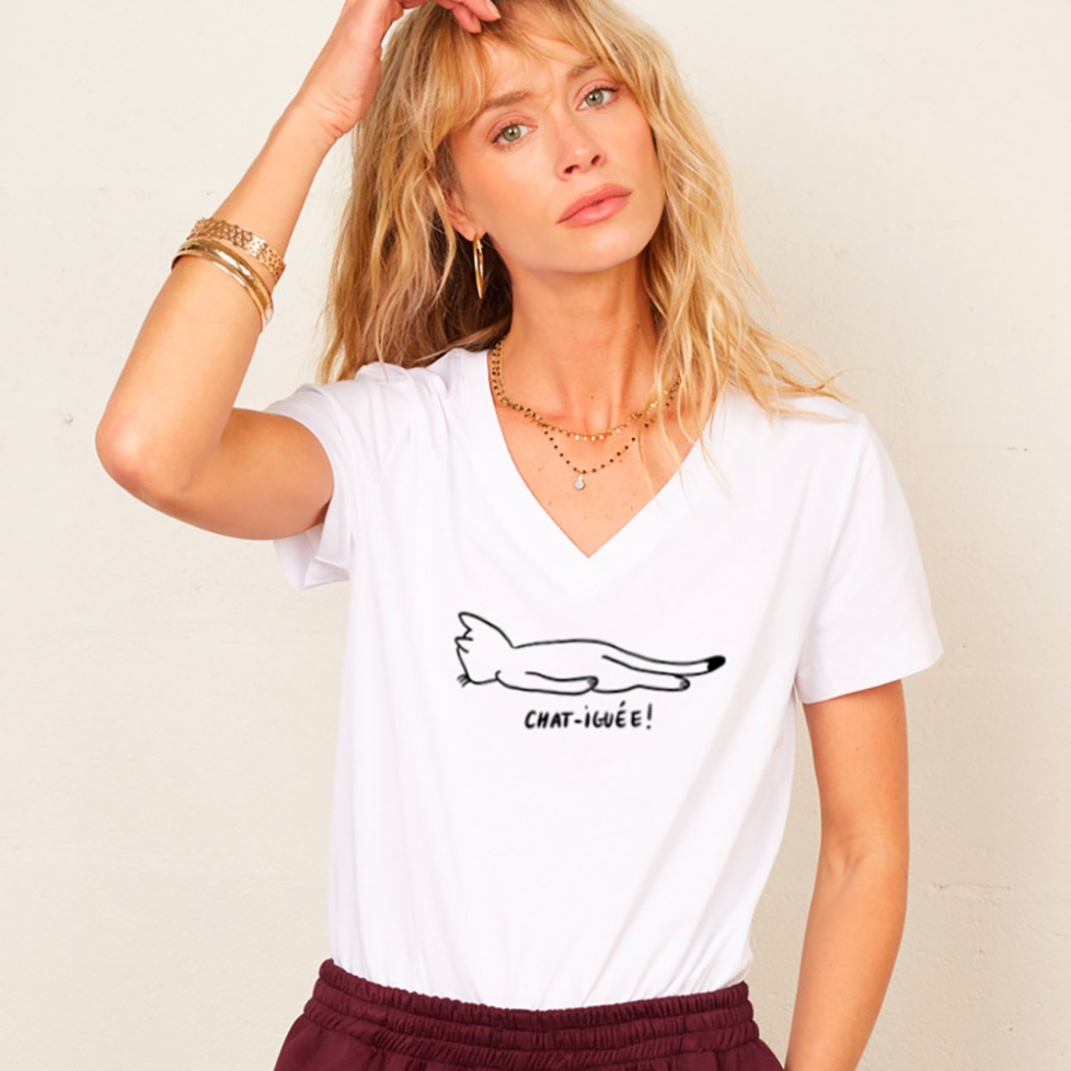 T-shirt Col V Blanc Chat-iguée