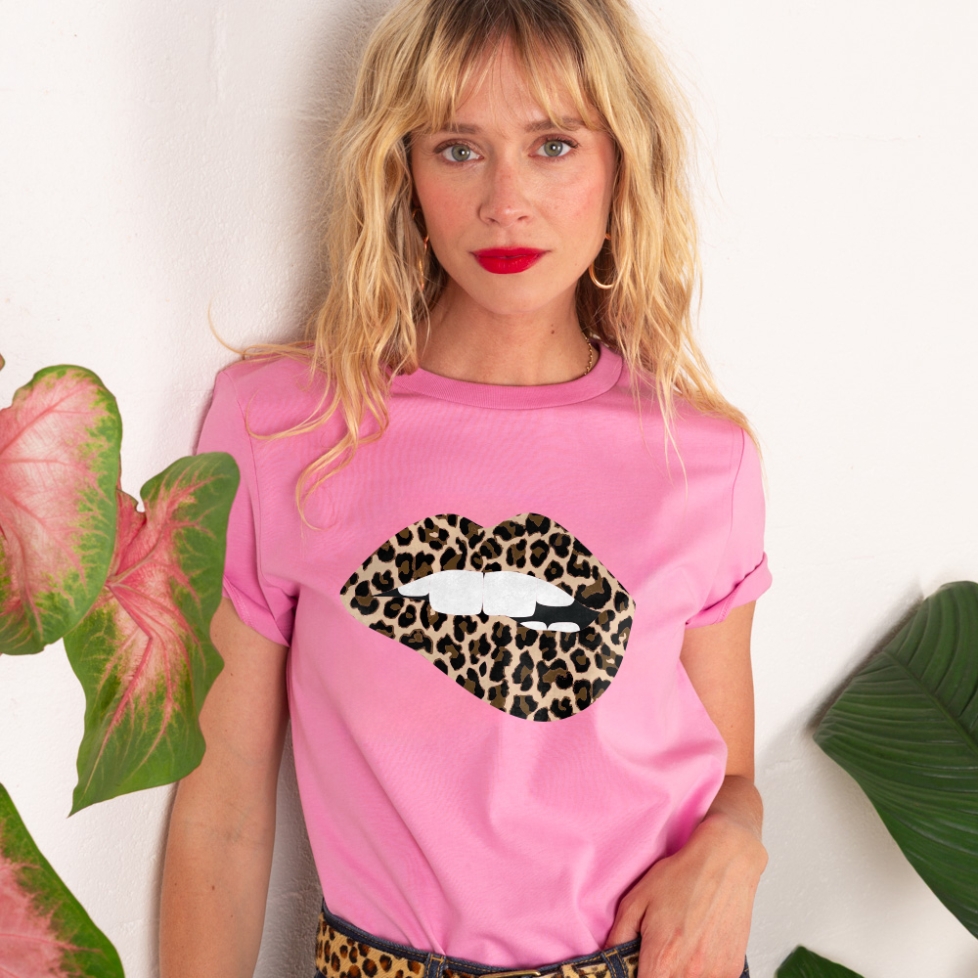 T-shirt Rose Bouche Léopard Big