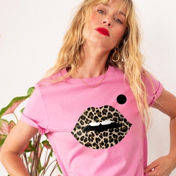 T-shirt Rose Bouche Léopard Big