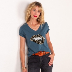 T-shirt Col V Bouche Léopard Big