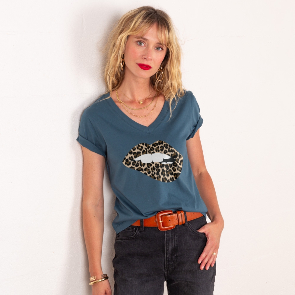 T-shirt Col V Bouche Léopard Big