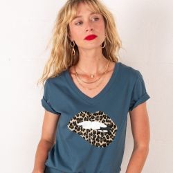 T-shirt Col V Bouche Léopard Big