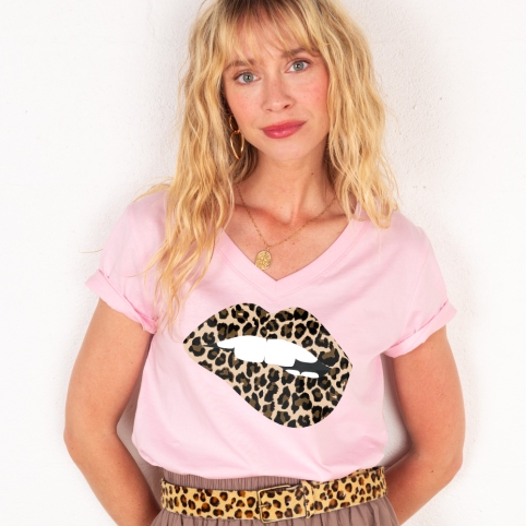 T-shirt Col V Bouche Léopard Big