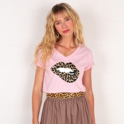 T-shirt Col V Bouche Léopard Big
