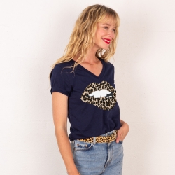T-shirt Col V Bouche Léopard Big