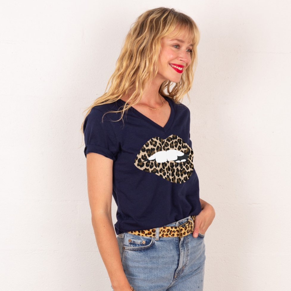 T-shirt Col V Bouche Léopard Big