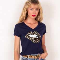 T-shirt Col V Bouche Léopard Big