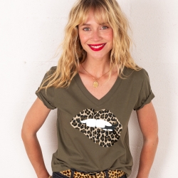 T-shirt Col V Bouche Léopard Big