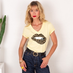T-shirt Col V Bouche Léopard Big