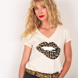 T-shirt Col V Bouche Léopard Big
