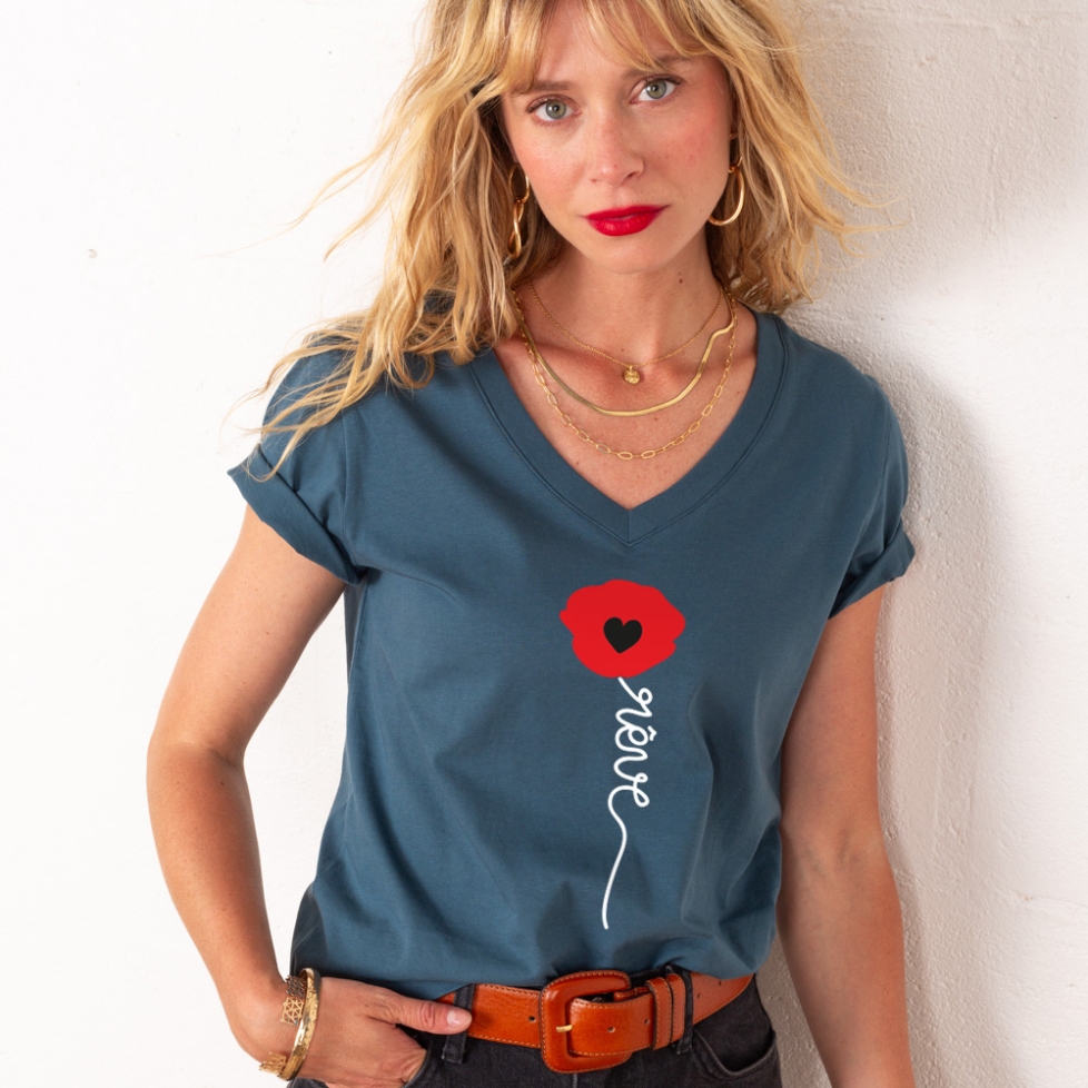 T-shirt Col V Papavero