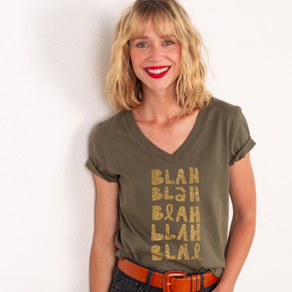 T-shirt Col V Blah Blah Glitter