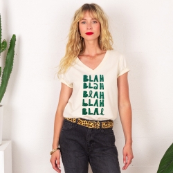 T-shirt Col V Blah Blah Glitter