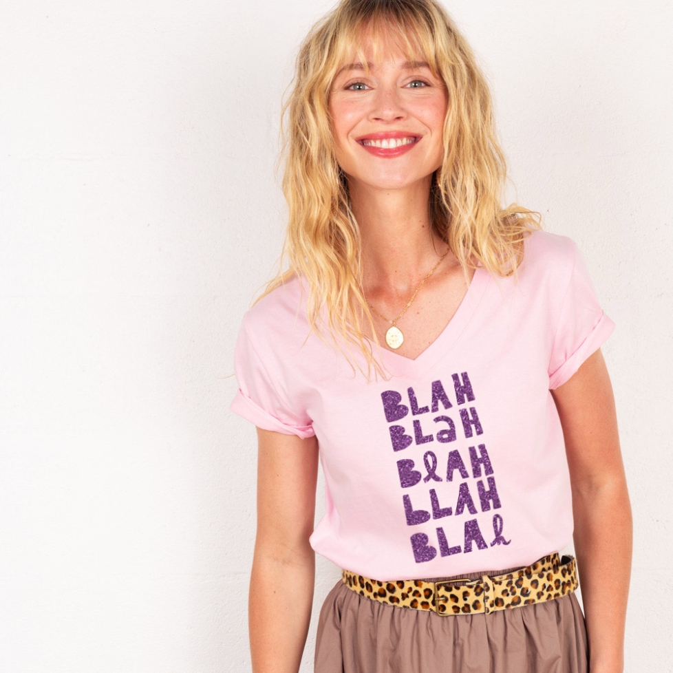 T-shirt Col V Blah Blah Glitter