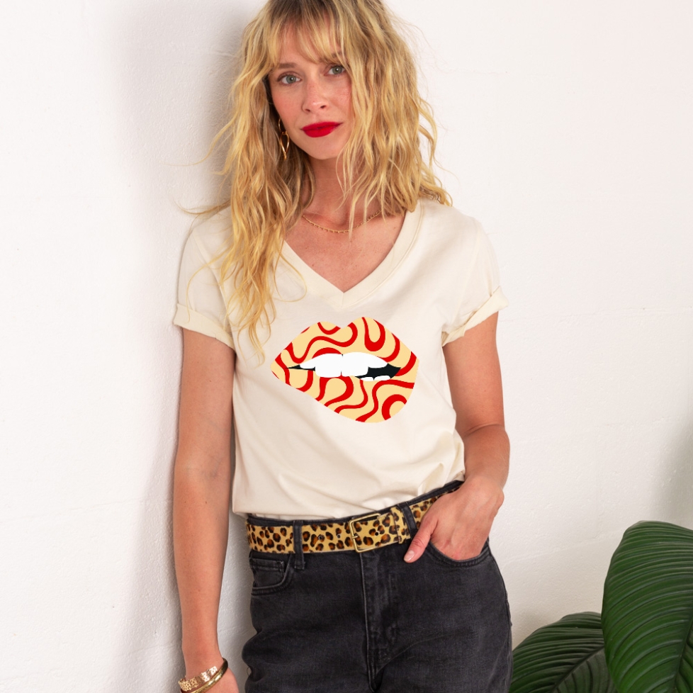 T-shirt Col V Creme Bouche Twister