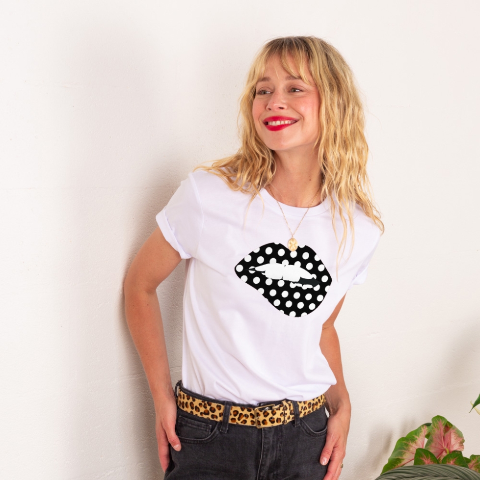 T-shirt Blanc Bouche à Pois