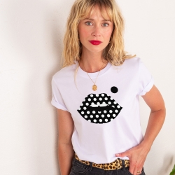 T-shirt Blanc Bouche à Pois
