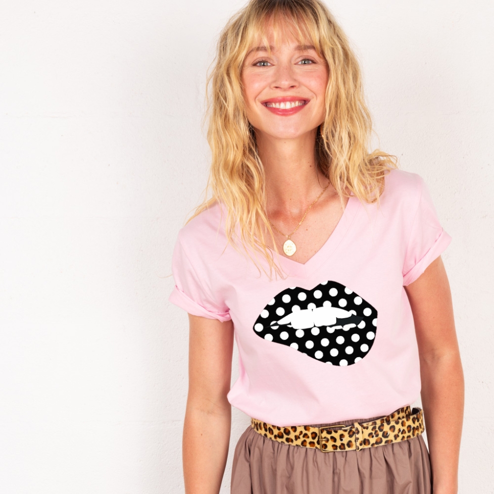 T-shirt Col V Bouche à Pois