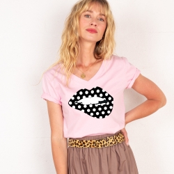T-shirt Col V Bouche à Pois