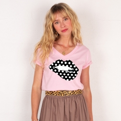 T-shirt Col V Bouche à Pois