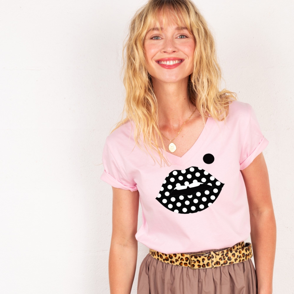 T-shirt Col V Bouche à Pois
