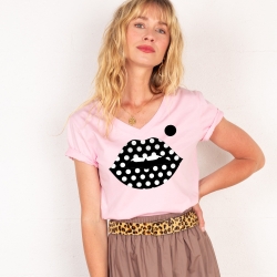 T-shirt Col V Bouche à Pois