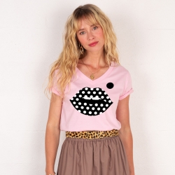 T-shirt Col V Bouche à Pois