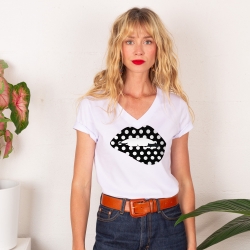 T-shirt Col V Bouche à Pois