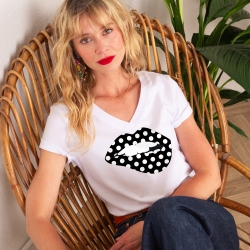 T-shirt Col V Bouche à Pois