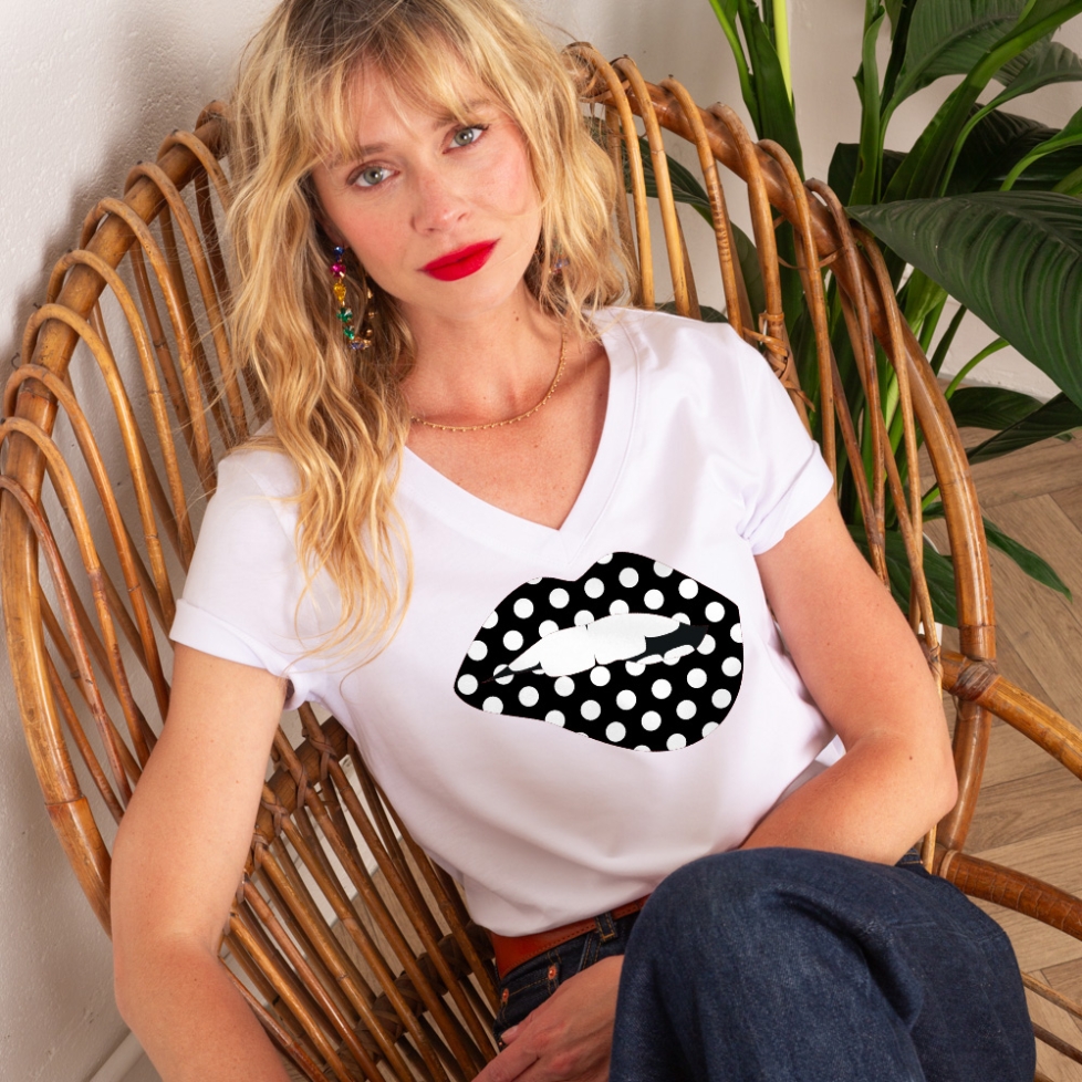 T-shirt Col V Bouche à Pois