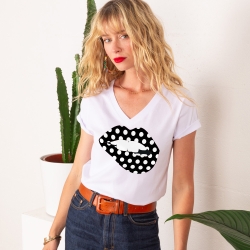 T-shirt Col V Bouche à Pois