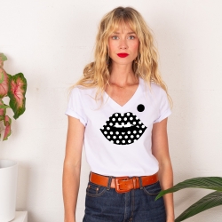 T-shirt Col V Bouche à Pois