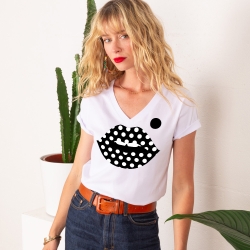 T-shirt Col V Bouche à Pois