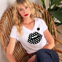 T-shirt Col V Bouche à Pois