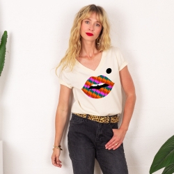 T-shirt Col V Creme Bouche Pop