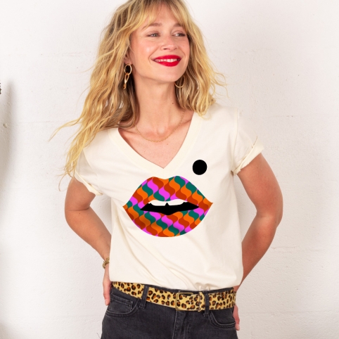T-shirt Col V Creme Bouche Pop