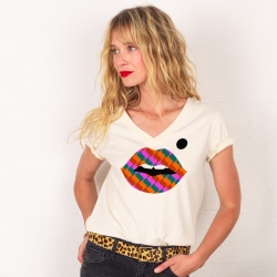 T-shirt Col V Creme Bouche Pop