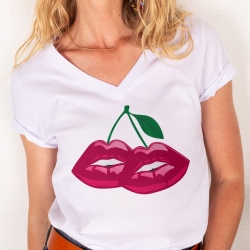 T-shirt Col V Blanc Fruit Lips